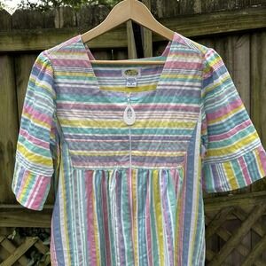 Vintage 80s 90s Striped House Dress Muumuu Pastel Multicolored Collections Etc M